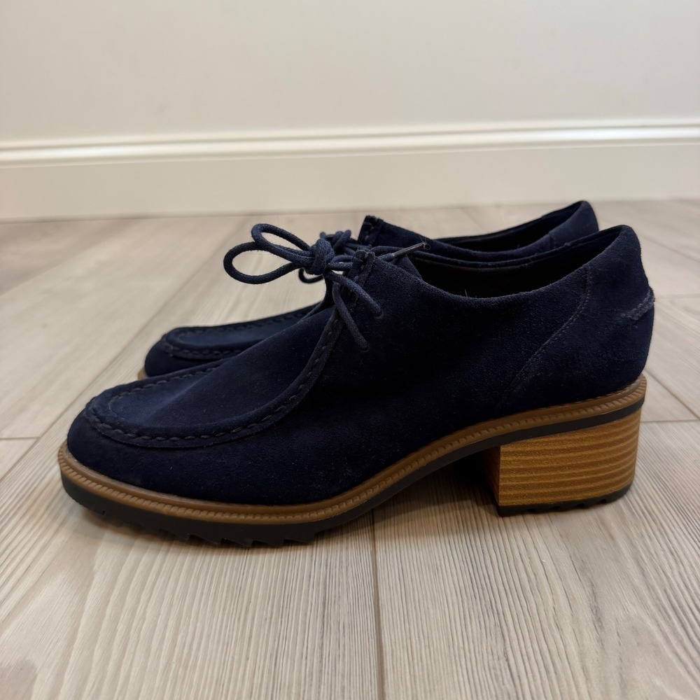 Clarks Somerset Navy Blue Suede Moc Toe Lace Up Block Heel Oxfords 9.5M 26120077